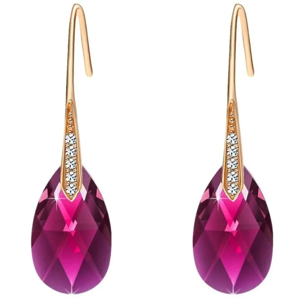 14K Yellow Gold with Fuchsia Pink Austrian Crystal Teardrop Drop Hook Earrings